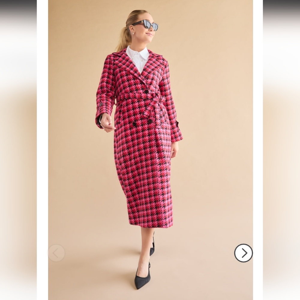Katrina Pink Houndstooth Tweed Trench Coat NWT Medium Super Soft